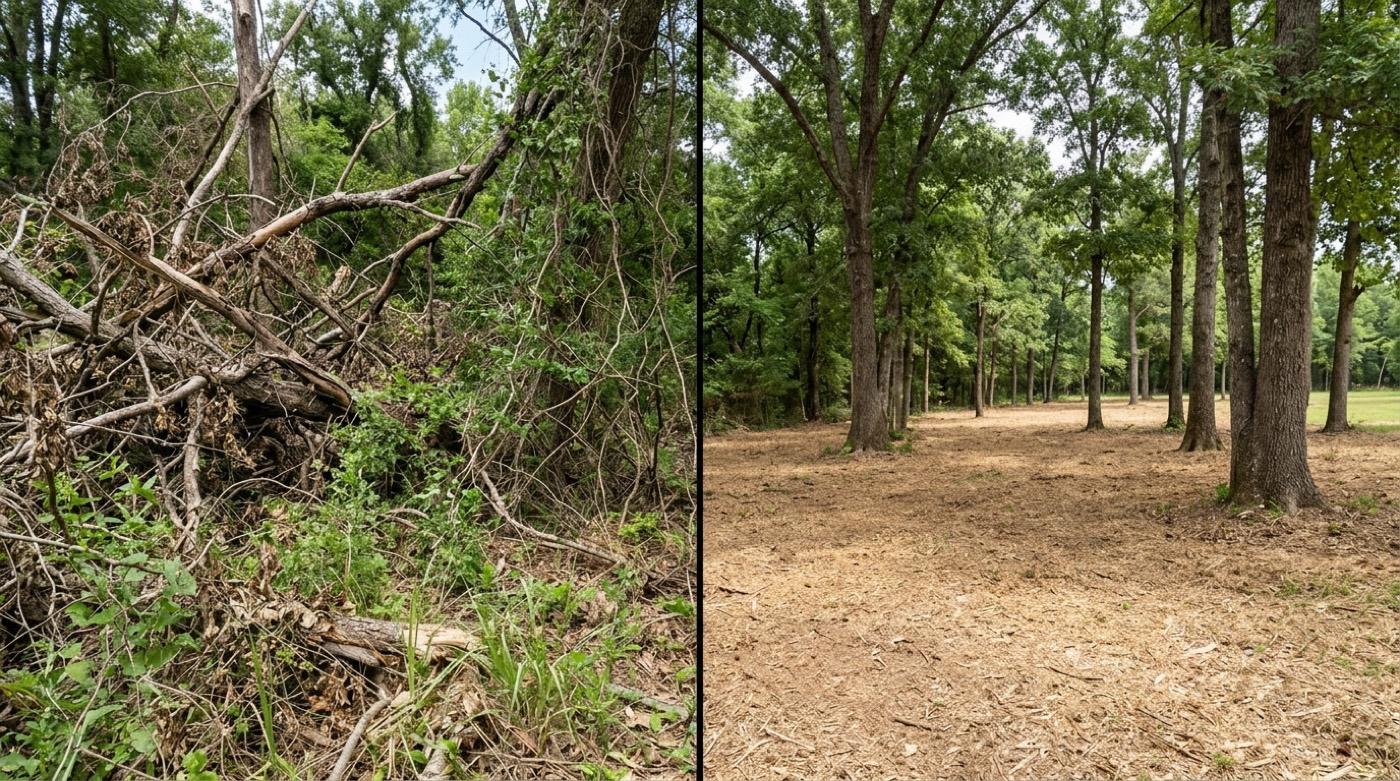 Storm mess and overgrowth cleaned up before and after