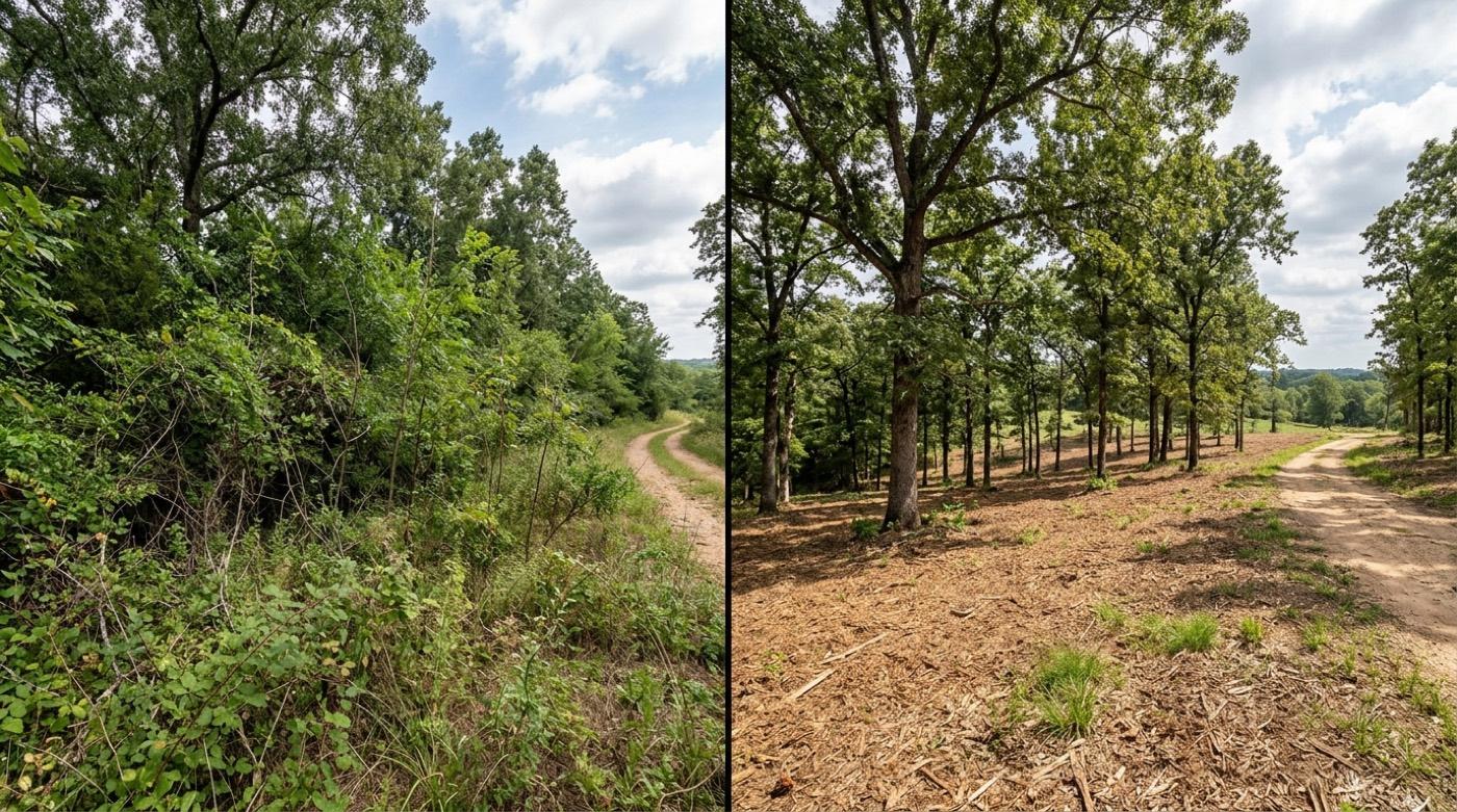 Yaupon and privet thinned into open understory before and after
