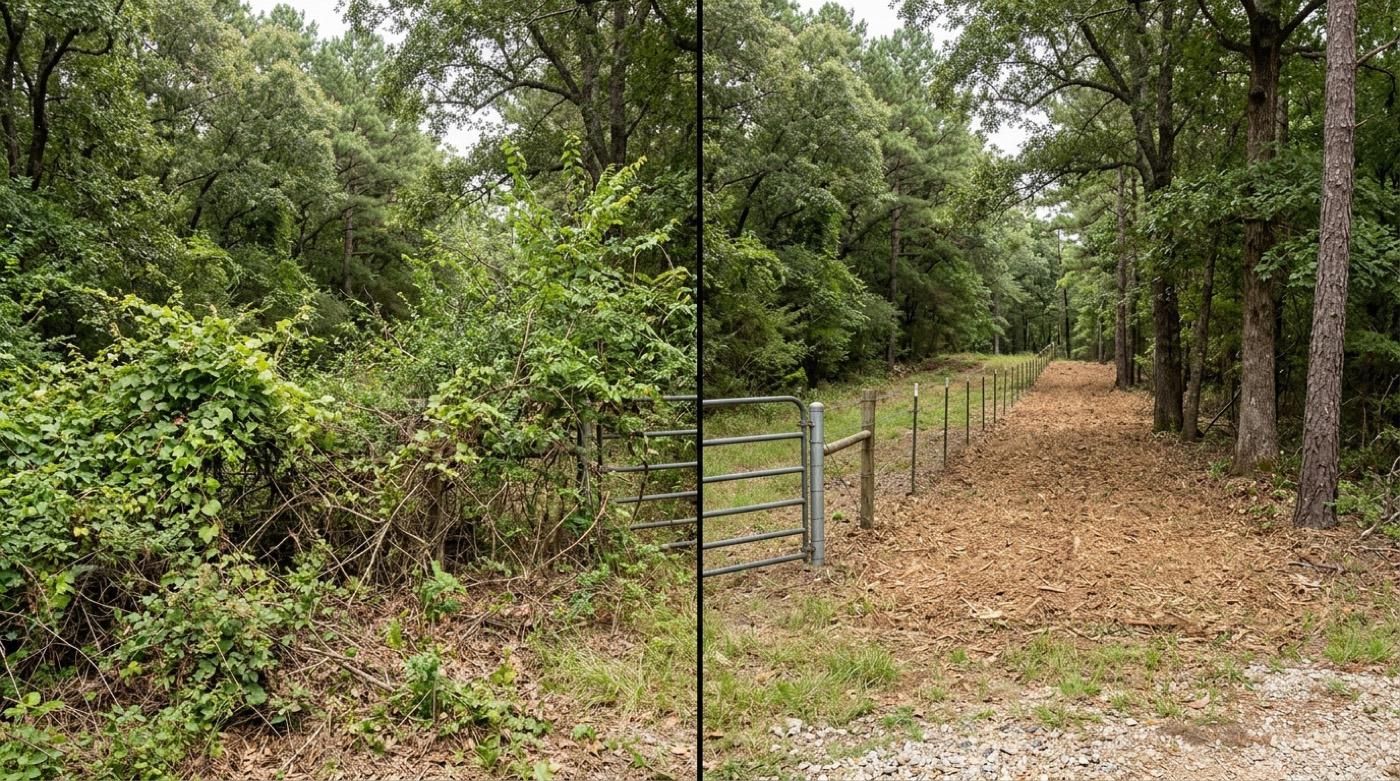 Hidden fence row opened for inspection before and after