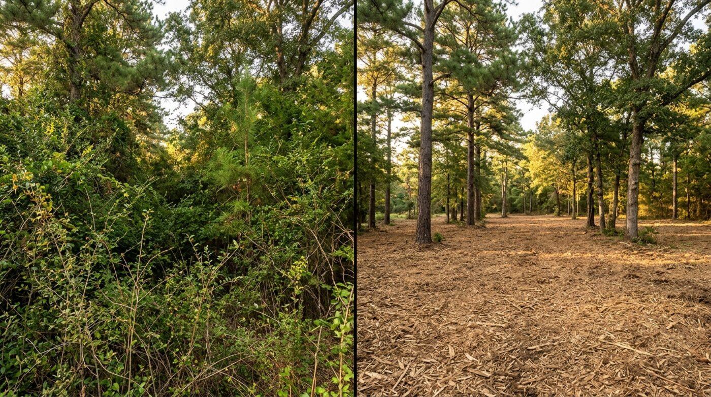 Dense understory opened for usable acreage before and after