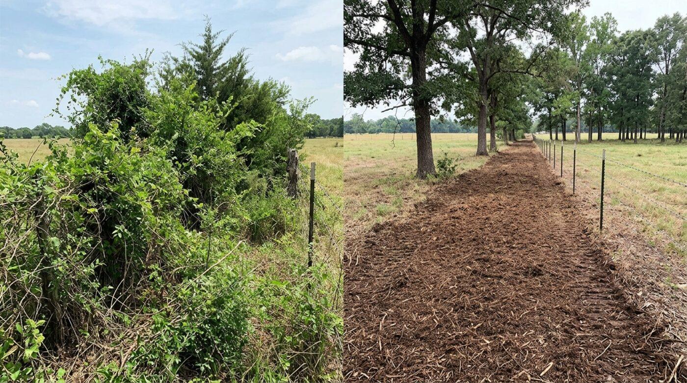Brush-choked fence row made maintainable before and after