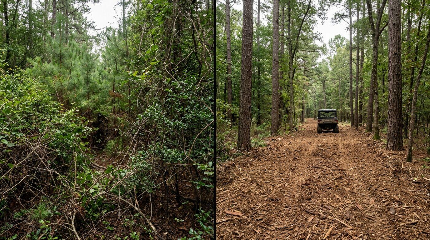 Hunting and UTV access cut through thick growth before and after