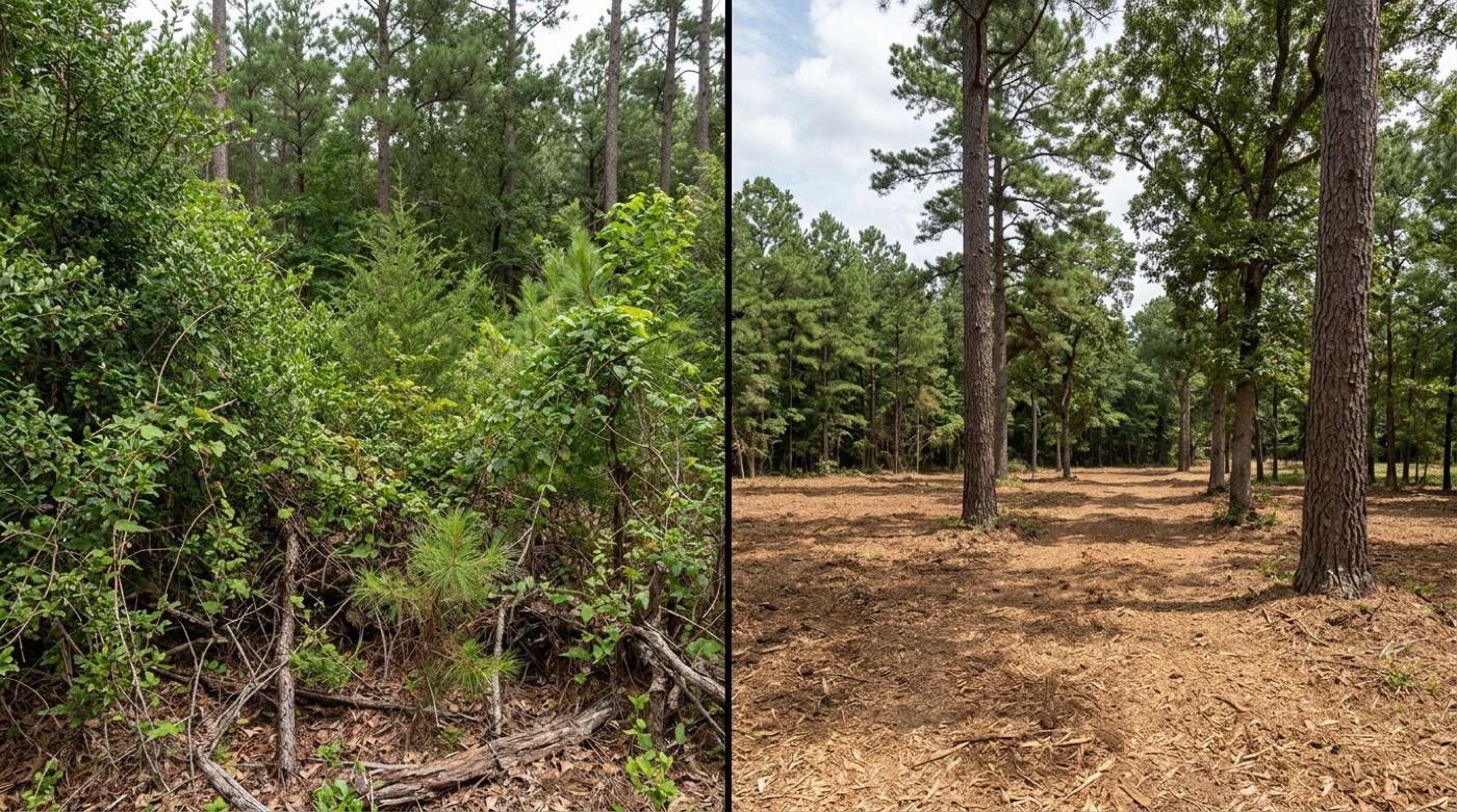 Overgrown acreage opened into usable land before and after
