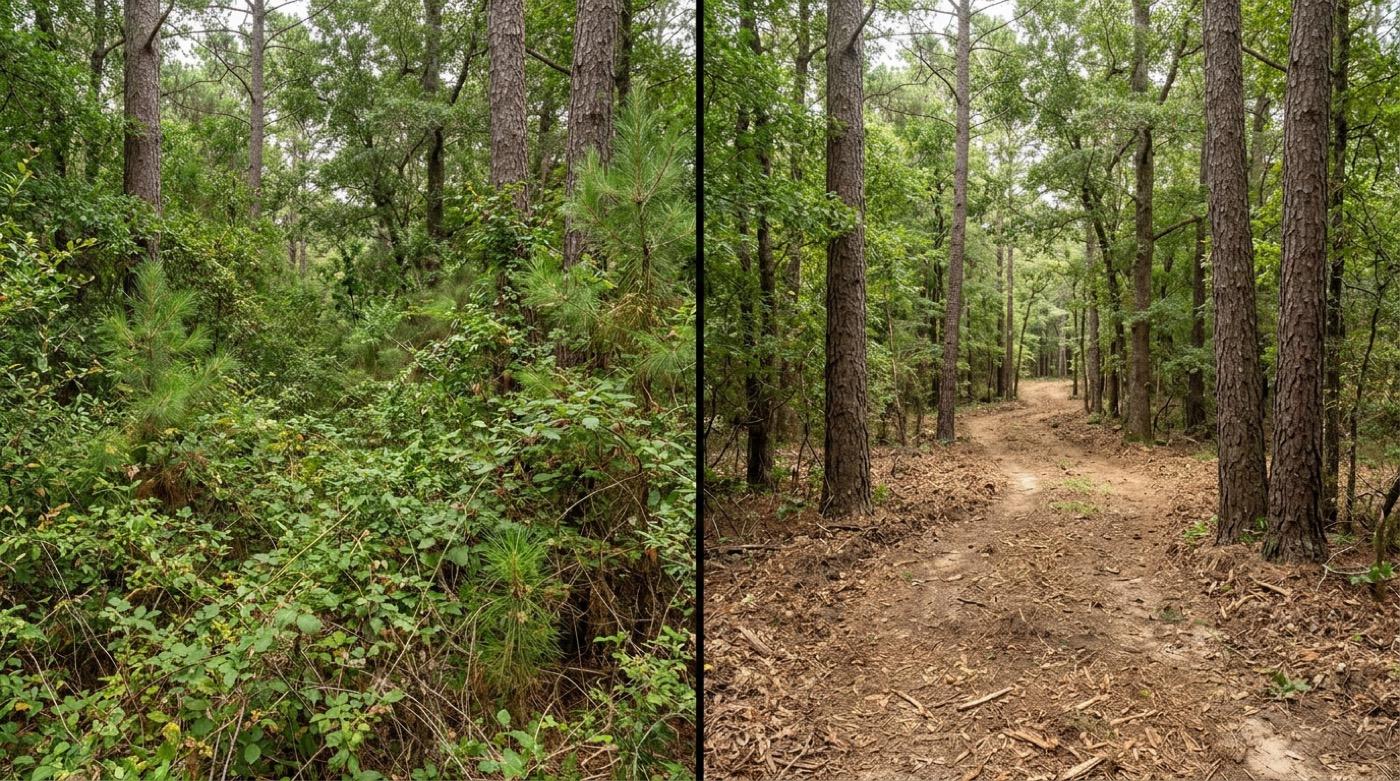 Hunting route cut through thick cover before and after