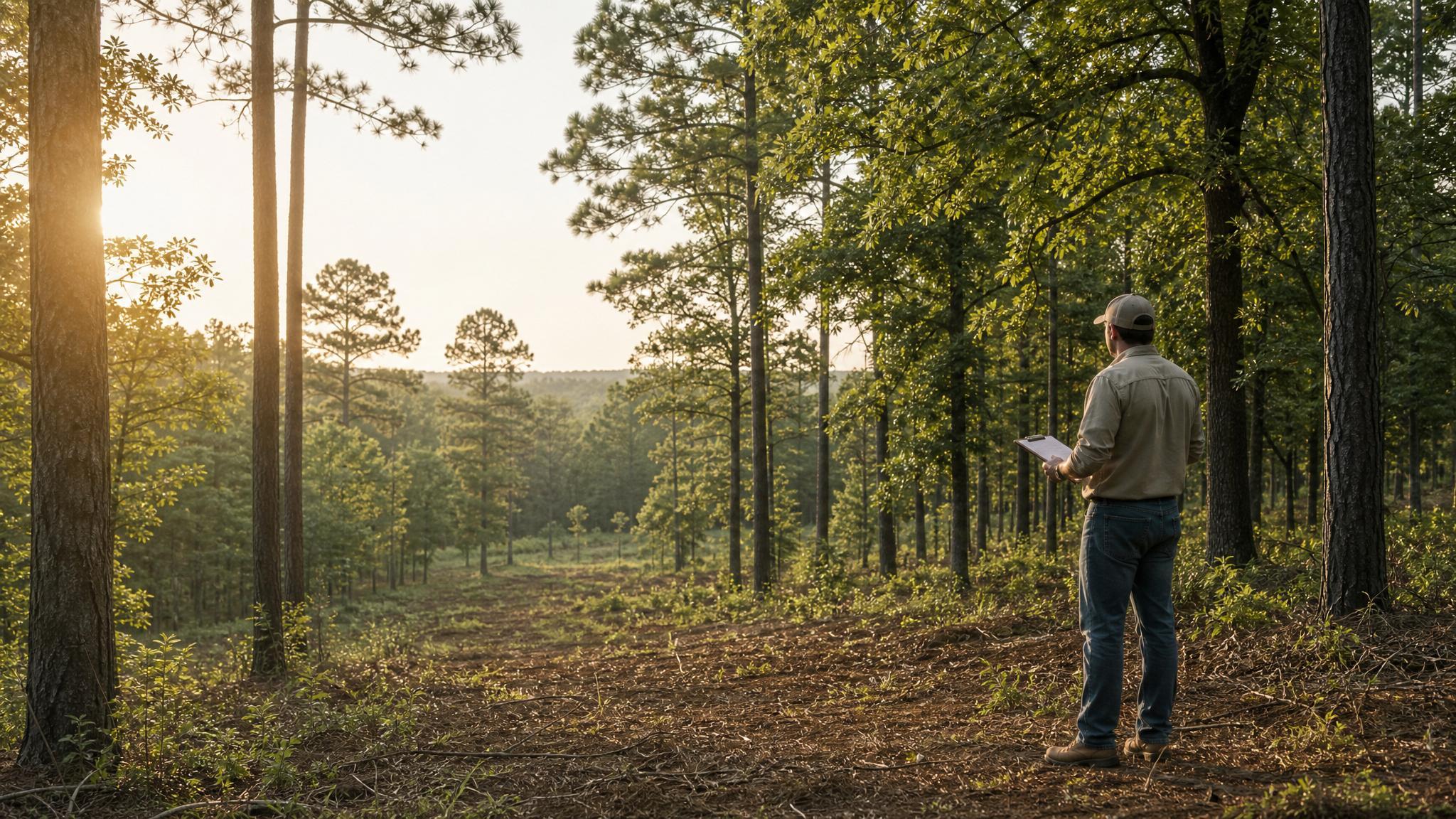 Operator walking a selectively cleared rural property